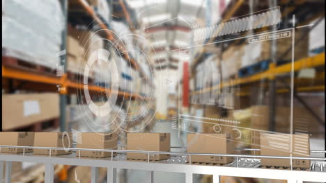 animación de escaneo de alcance con procesamiento de datos sobre cajas en cinta transportadora en el almacén