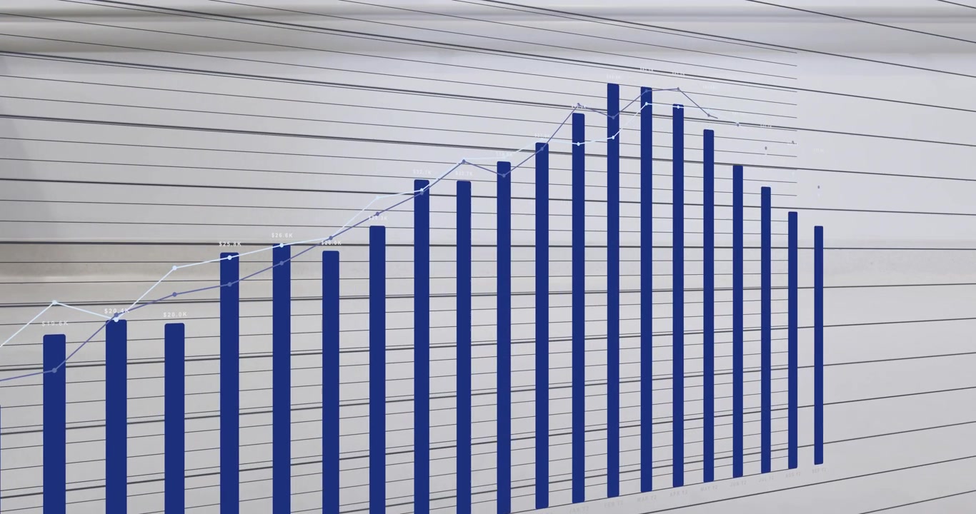 Grafico a barre blu che si espande, rivelando un uomo in sedia a rotelle che passa dietro e mostrando dati sulla salute.