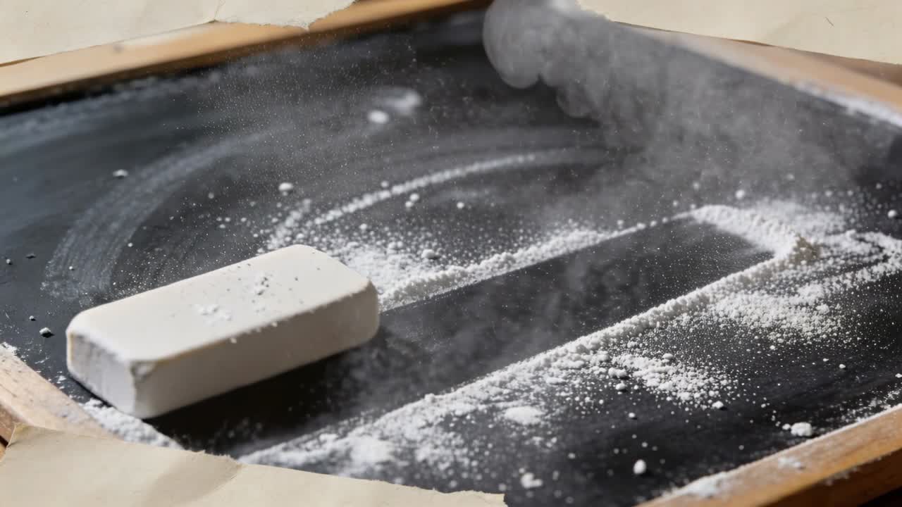 Vertical video: Chalk block hand-dragging across slate releasing dust and making two lines for art