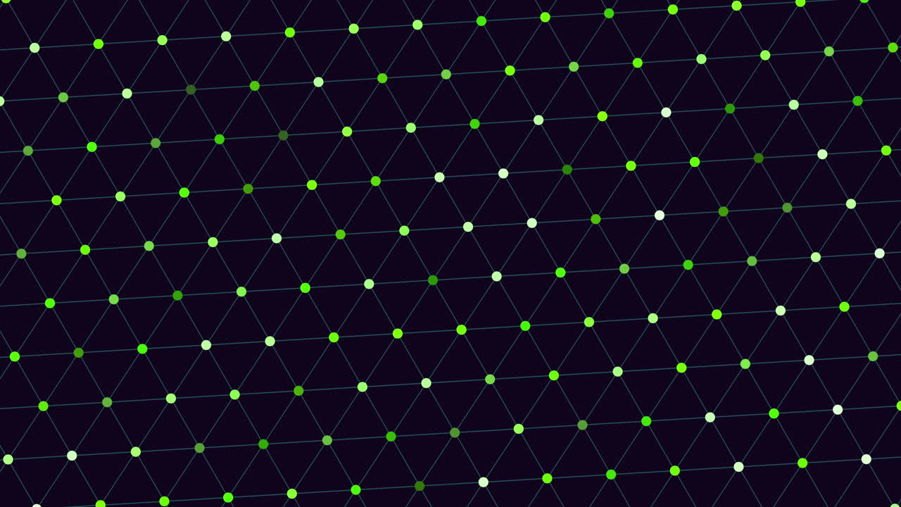 Abstract technology background footage with glowing green nodes connected by lines on a dark grid, forming a dynamic digital network pattern for data, AI, and communication themes