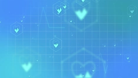 animation of medical icons and data processing over grid on blue background