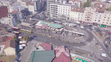 Establishing-4k-aerial-descending-shot-of-Zeleni-Venac-station-summer-day-Belgrade