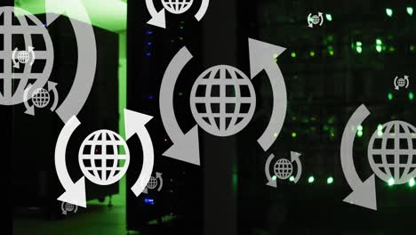 Animation-of-multiple-web-globe-icons-floating-against-computer-server-room