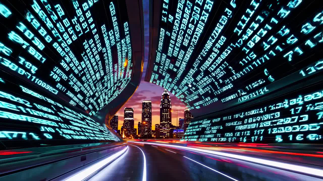 Futuristic Cityscape at Night with Data Stream
