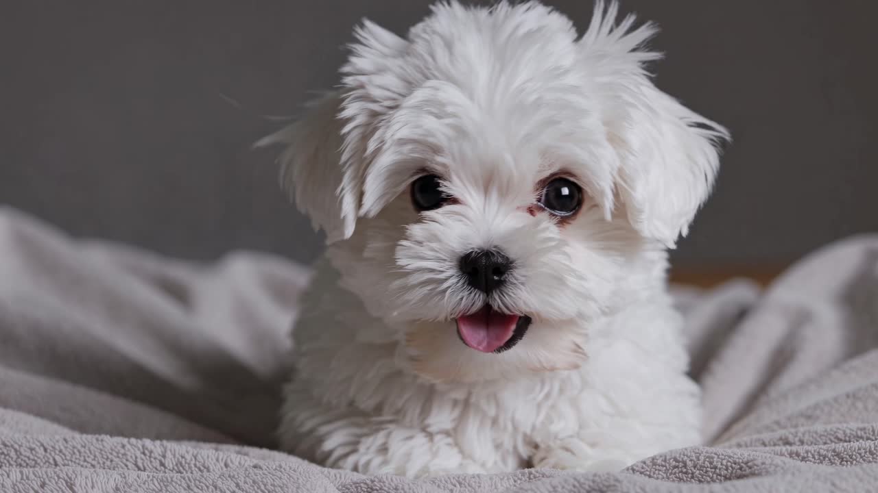 Close-up video shot of a fluffy white puppy on a bed, capturing its playful expression and soft fur