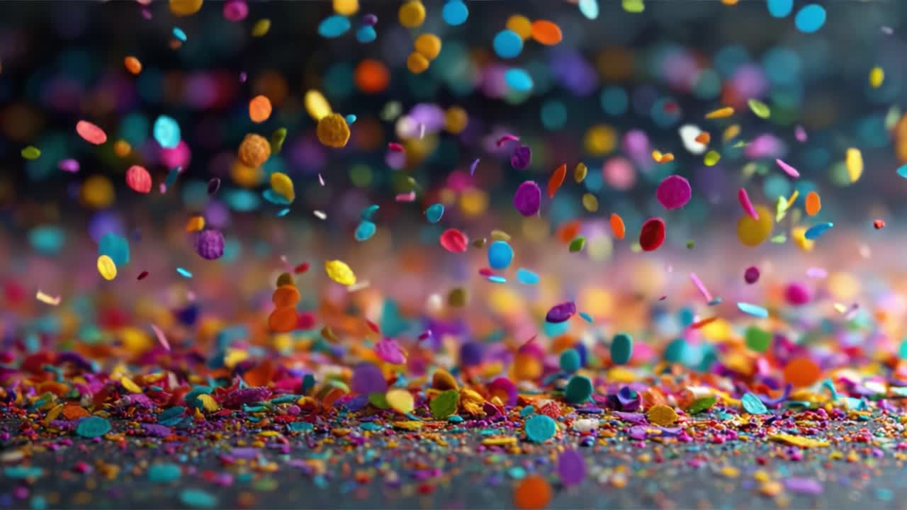 A Colorful Celebration: Glittering Confetti Dancing in the Air and Settling on a Vibrant Surface Captured Through a Sparkling Lens