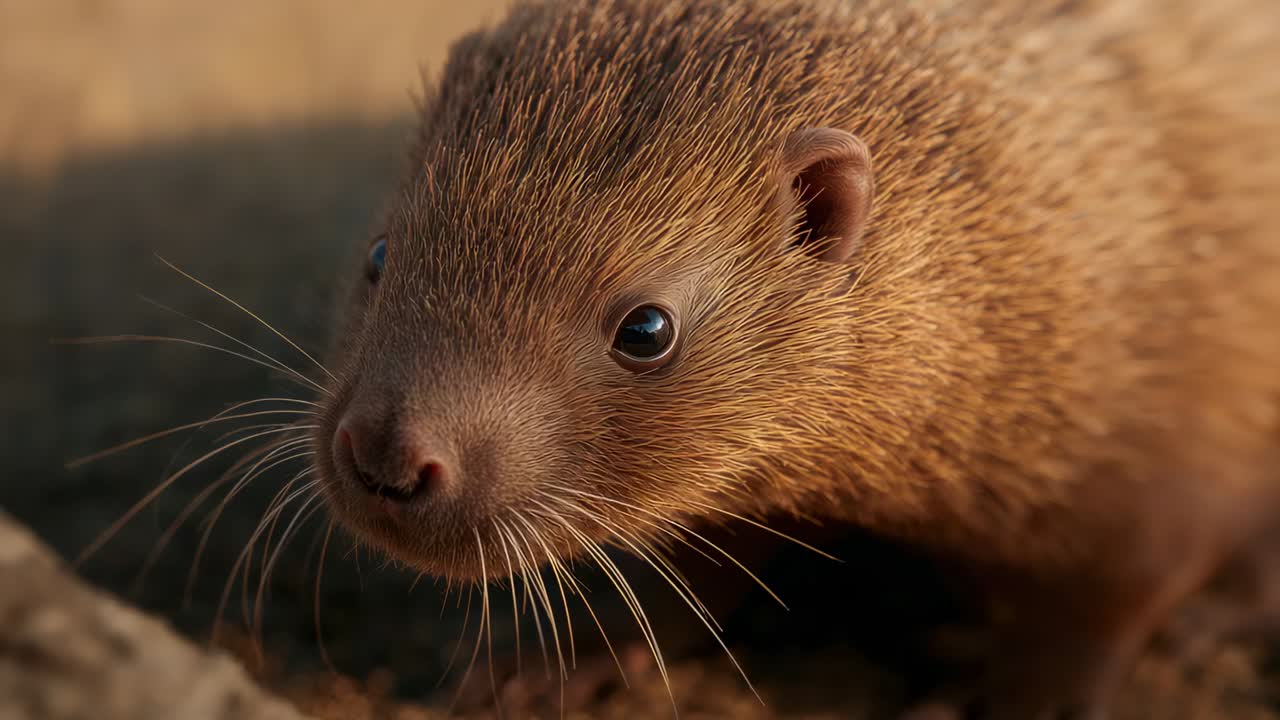 Sniffing juvenile brown mammal sampling air, stepping right in sunlit rocky patch, whiskers visible
