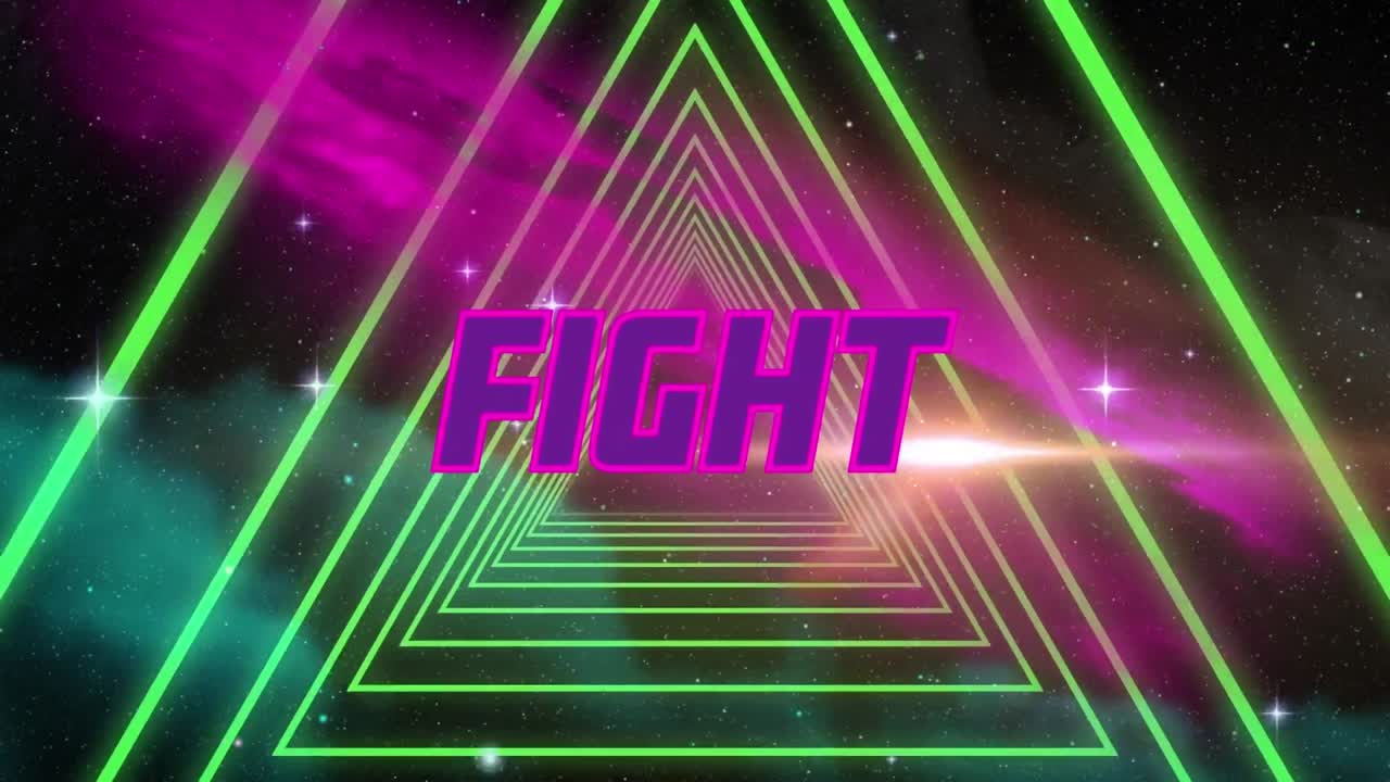 추상화 된 그래픽 삼각형 모양 사이에서 루프로 움직이는 디지털 싸움 텍스트의 애니메이션