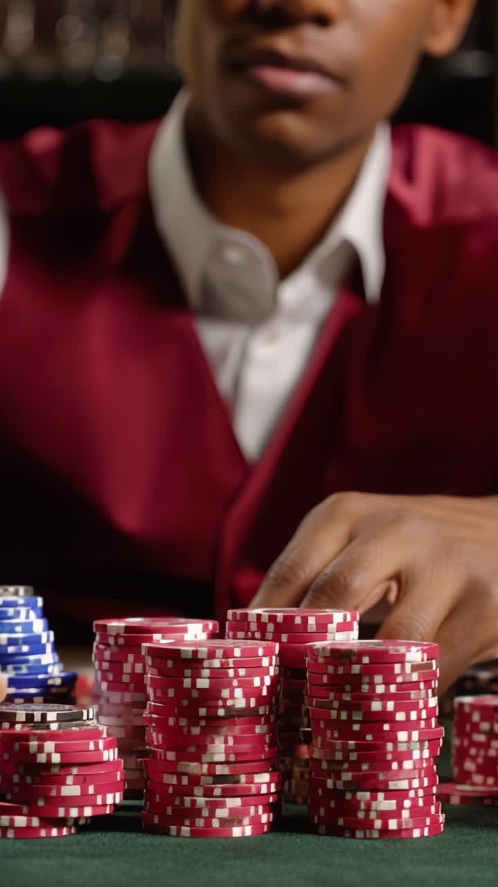Un croupier di poker dispone abilmente fiches colorate, mostrando strategia e concentrazione in un ambiente dinamico del casinò durante un'intensa partita d'azzardo