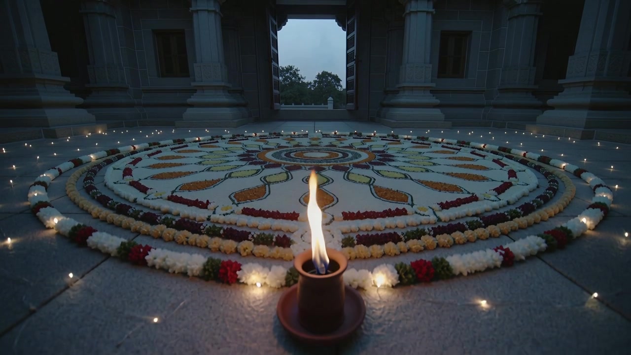 Pulling back camera revealing large floral rangoli at temple entrance, with clay lamp flame growing