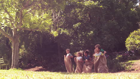 children having a sack race in park