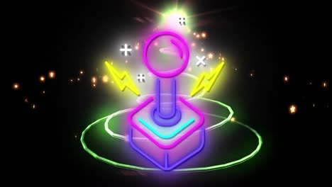 Animation-of-neon-joy-pad-over-stars-and-green-trail-of-light