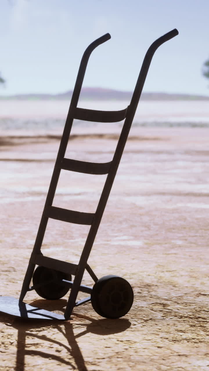 Hand truck on dry ground near a distant tree in bright daylight setting