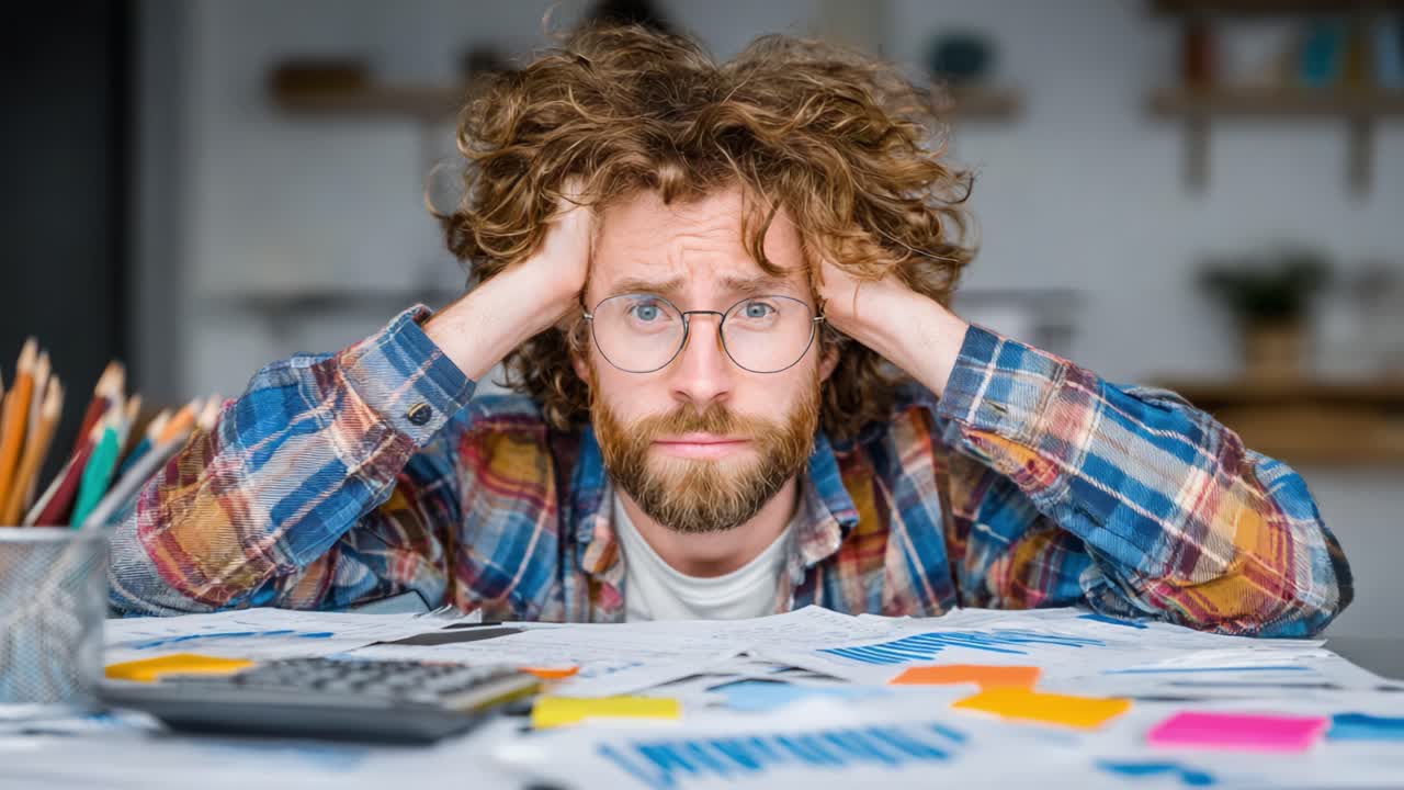 A Young Man Struggling with Stress and Anxiety Overwhelmed by Paperwork: A Portrait of Frustration and Challenge in a Work Environment