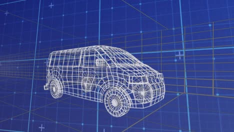 Animation-of-data-processing-and-shapes-over-digital-car-on-blue-background