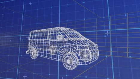 animación del procesamiento de datos y formas sobre el coche digital sobre fondo azul
