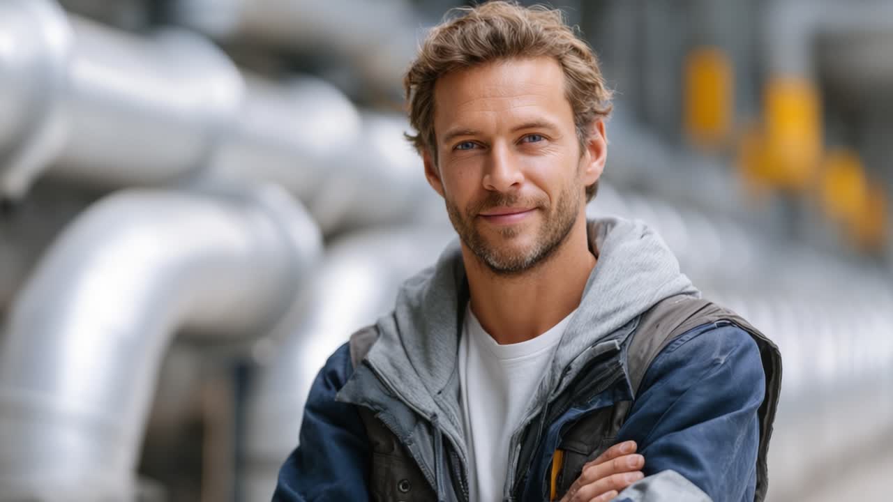 Zuversichtliche Angestellte lächelt inmitten industrieller Rohre und zeigt dabei eine freundliche und professionelle Einstellung in einem modernen Arbeitsumfeld mit Ausrüstung im Hintergrund.