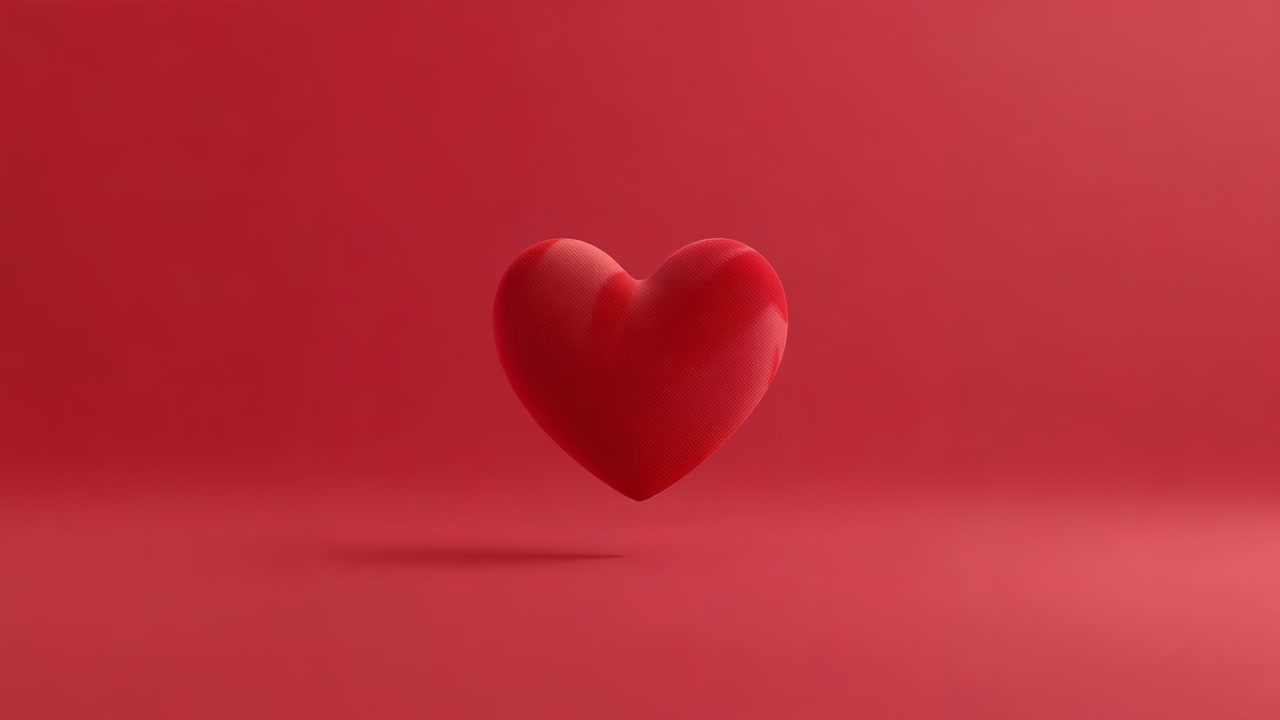 Presentazione di un cuore 3D rosso che ondeggia e ruota in studio, con ombre tenui e particelle bokeh