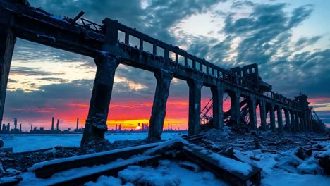 a sunset view of an abandoned train track in the middle of a snowy landscape