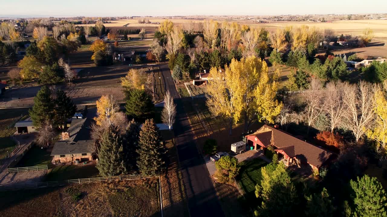 포트 콜린스 콜로라도 근처 일몰 동안 아름다운 가을 나무를 보여주는 시골 도로 위의 비행