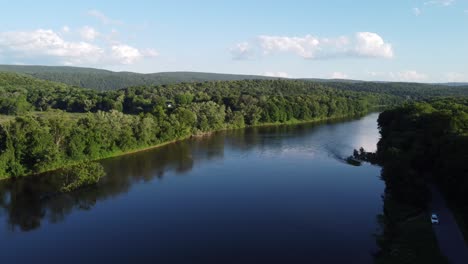 aerial view overlooking river and trees