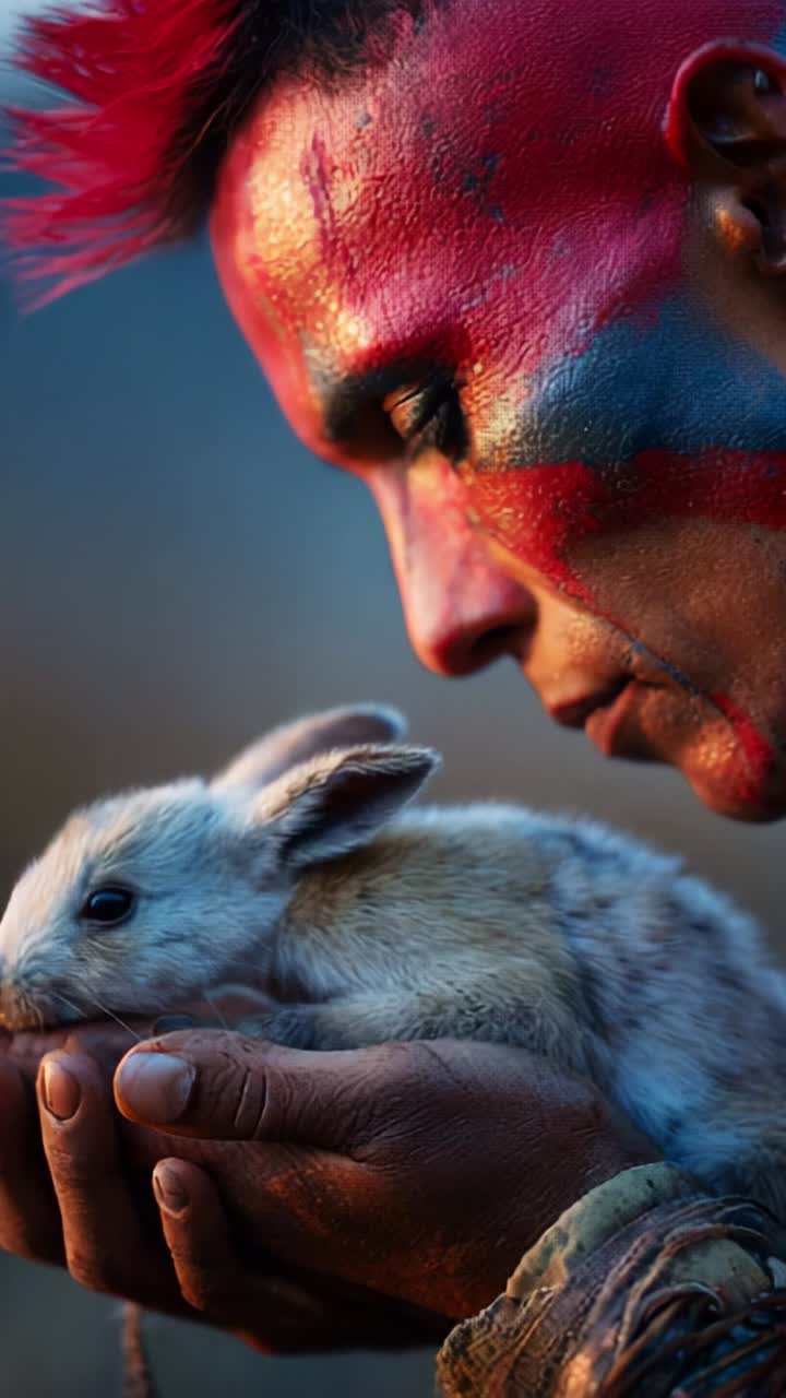 A Unique Connection: An Intense Portrait of a Warrior with Red Face Paint Holding a Gentle White Rabbit in the Soft Glow of Nature's Breathtaking Beauty