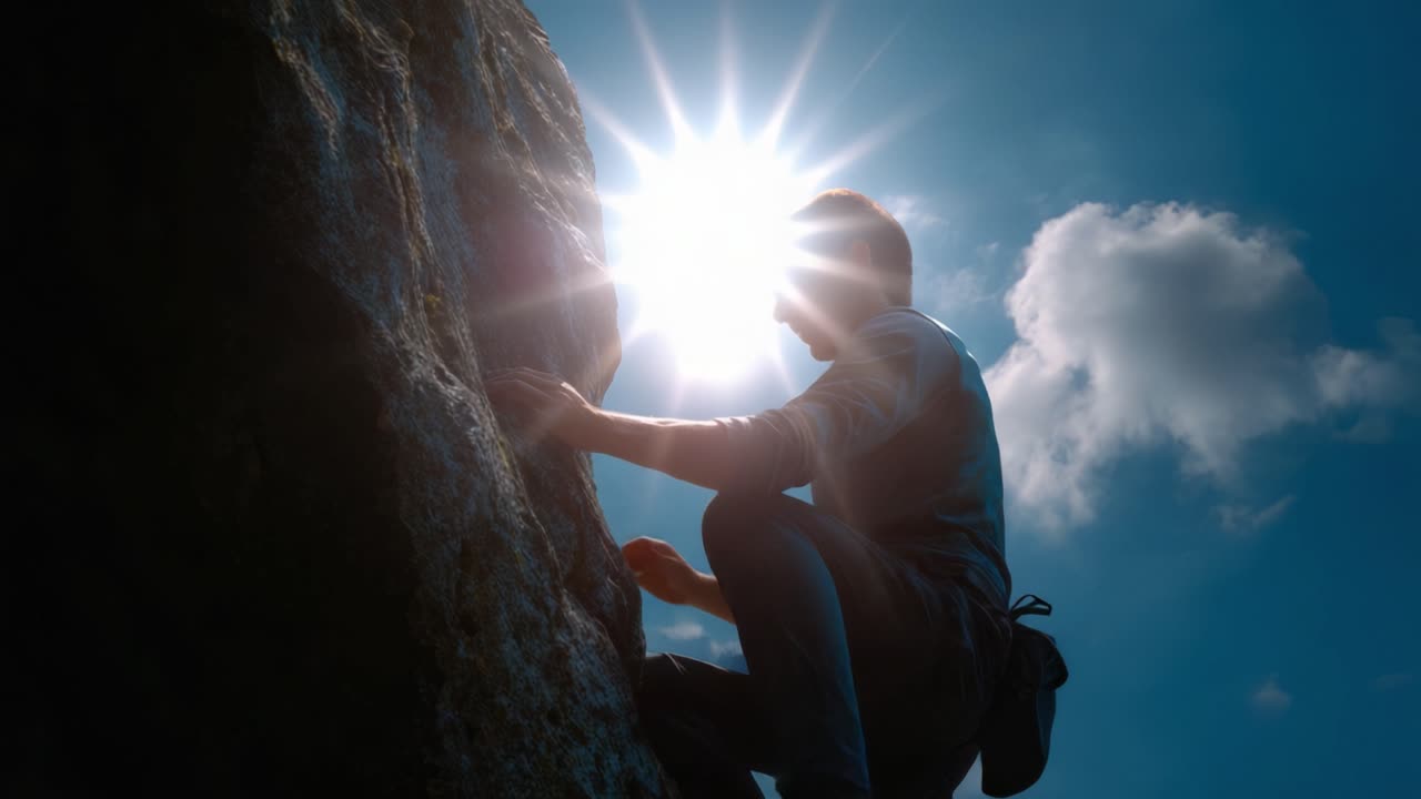 Un arrampicatore determinato conquista una parete rocciosa sotto un sole splendente, sfruttando abilità e forza per raggiungere nuove vette nell'avventura e nell'esplorazione all'aperto.