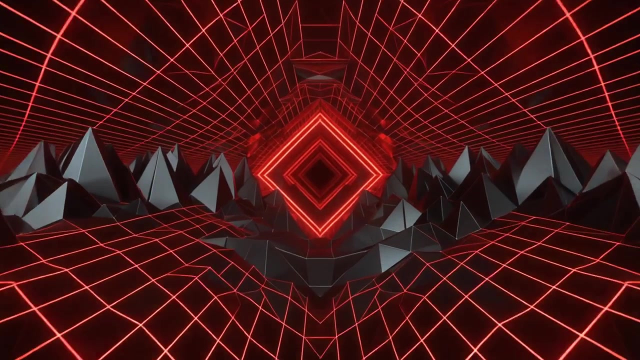 Abstract Red Neon Diamond Tunnel with Geometric Terrain