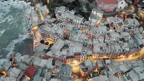 Aerial-view-of-Vernazza,-Cinque-Terre,-at-the-blue-hour