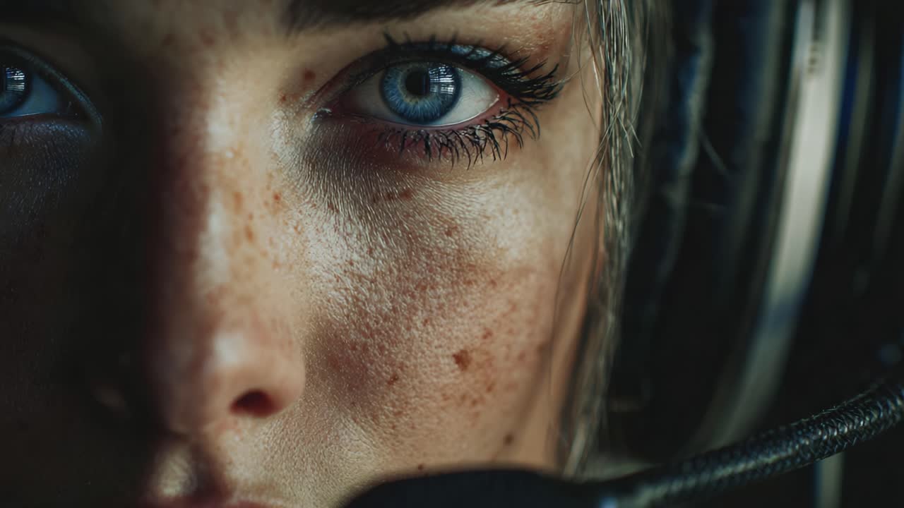 Intense Focus: A Close-Up of a Determined Individual Wearing a Headset, Capturing Emotion and Concentration with Striking Blue Eyes and Textured Skin