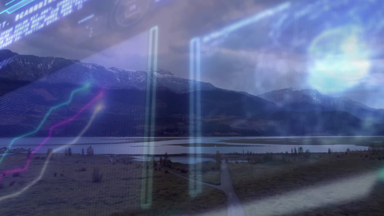 All'avvio, sovrapposizione che mostra una prateria vicino a un lago sotto le montagne mentre il codice scorre e le sfere brillano.