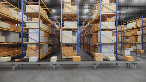 warehouse with cardboard boxes inside on pallets racks, logistic center. loft modern warehouse. cardboard boxes on a conveyor belt in a warehouse, 4k 3d rendering  animation .