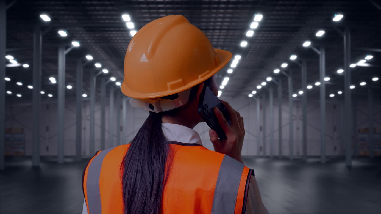 Vista ravvicinata da dietro di un'ingegnere donna asiatica con casco di sicurezza che parla al telefono mentre si trova in un magazzino moderno vuoto.