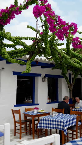 people dining at a charming outdoor greek restaurant with blue and white checkered tablecloths and vibrant bougainvillea, featuring close-ups of delicious grilled chicken or calamari with fresh vegetables