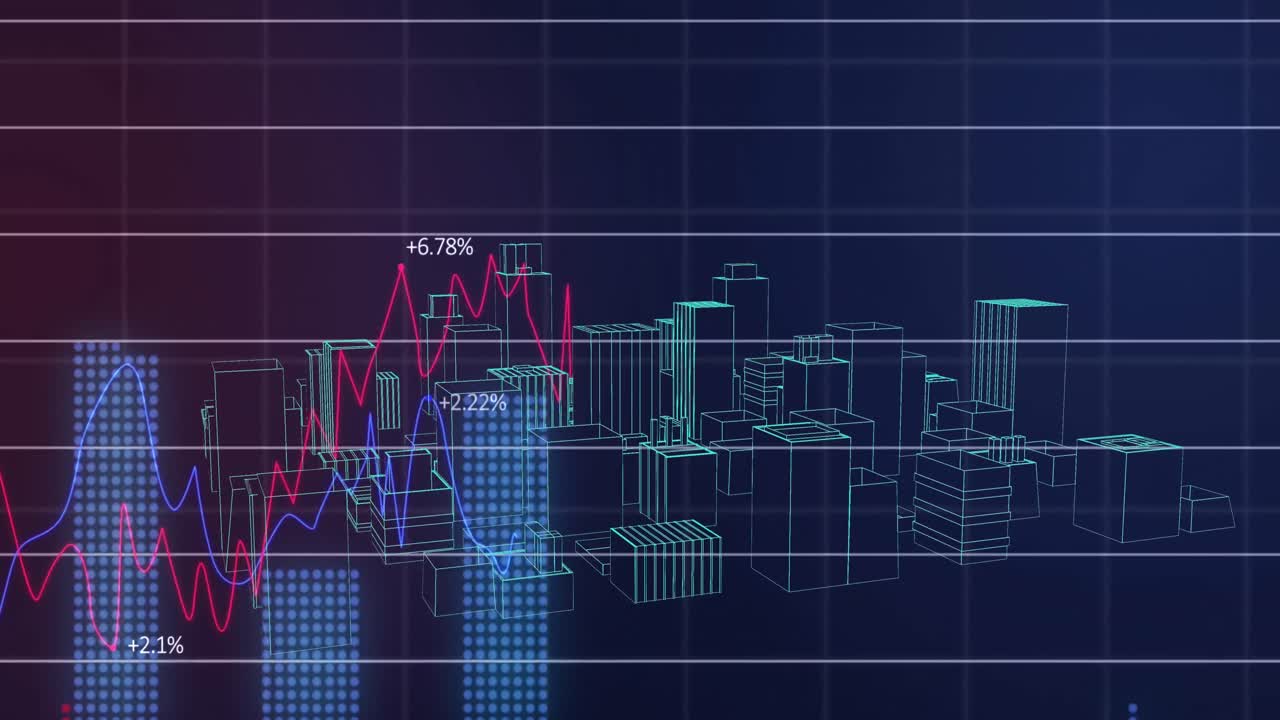 procesamiento de datos financieros sobre el modelo 3d del paisaje urbano.
