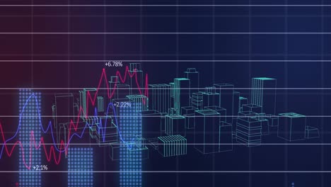 financial data processing over 3d model of cityscape.
