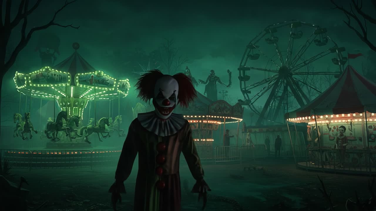 Scena di carnevale inquietante con un clown sinistro in un parco divertimenti abbandonato, tra luci fioche e un'atmosfera da brivido, che evoca sensazioni di paura e mistero.