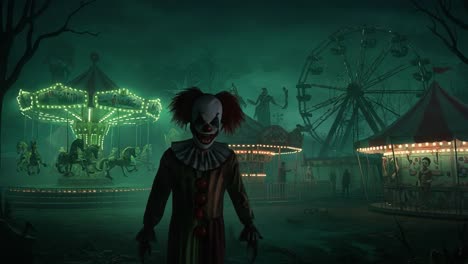 eerie carnival scene featuring a sinister clown amidst an abandoned amusement park with dim lights and creepy atmosphere, evoking feelings of fear and mystery