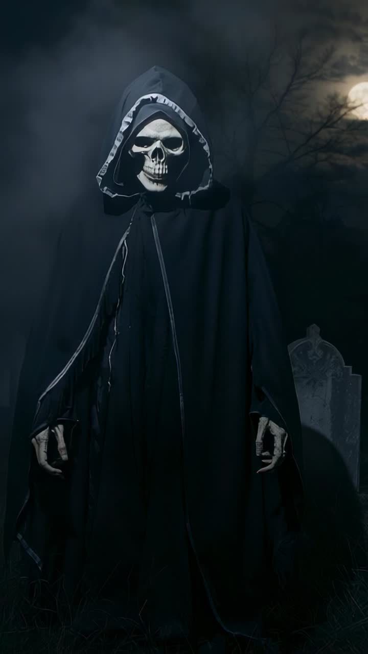 Vertical video: Moonlight illuminating hooded skull mask tilting in graveyard fog, cloak rippling