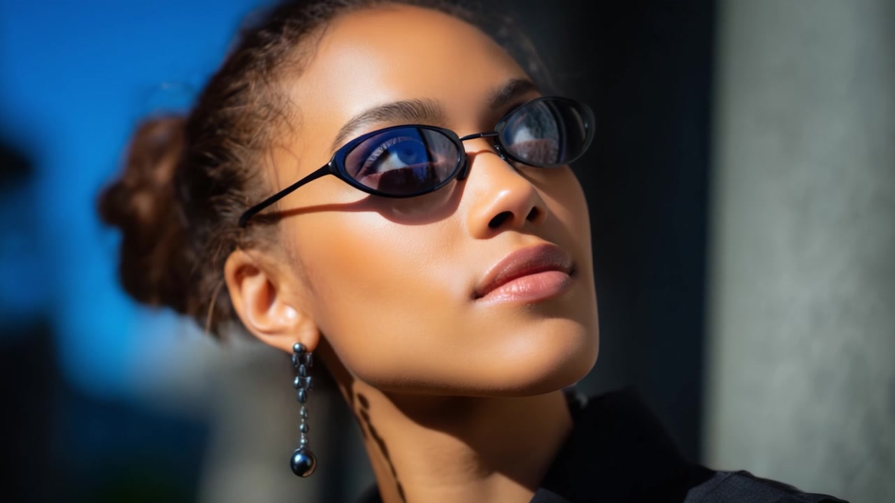 Stylish Young Woman in Trendy Sunglasses Posing Outdoors, Showing Confidence and Elegance with a Radiant Smile Against a Bright Blue Sky Background