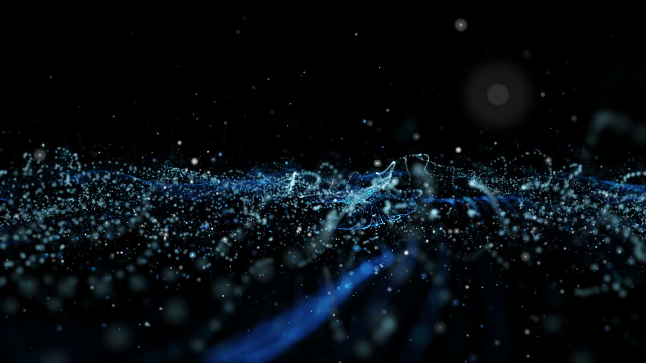 animación futurista con objeto de onda y partículas de brillo en cámara lenta, 4096x2304 bucle 4k