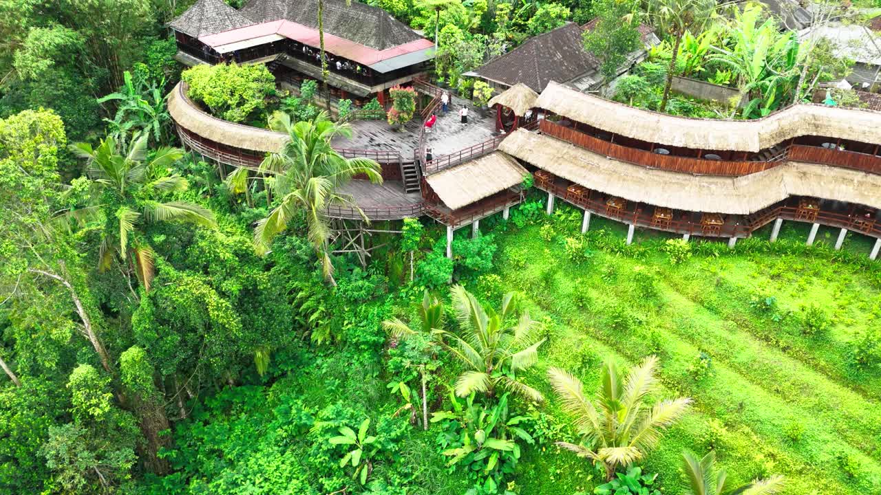 Green vibrant jungle and beautiful resort in Indonesia, aerial view