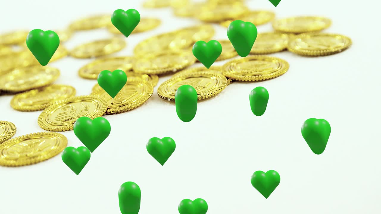 Entrando desde arriba, corazones 3D verdes descendiendo y pasando sobre monedas de oro estáticas, creando profundidad.