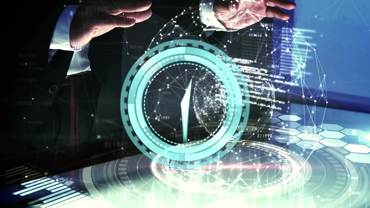 Animation af databehandling og ur over globus og kaukasisk forretningsmand.