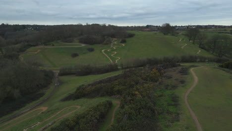 Zoom-in-of-twisty-Hadleigh-Park-mountain-biking-trails,-drone