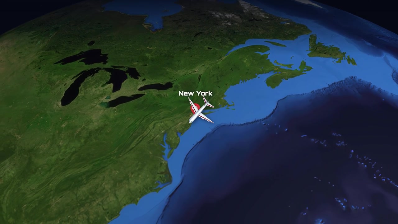 A 3D globe animation tracks a commercial airplane flying from Mumbai to New York City