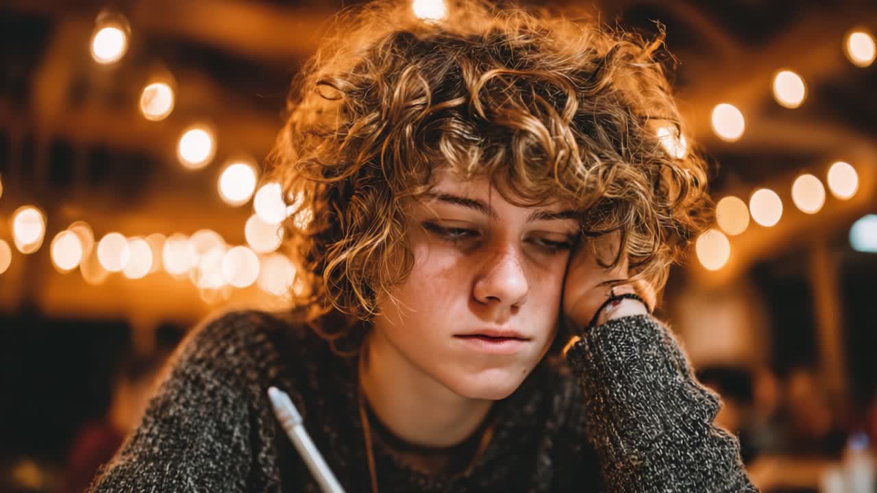 Un momento pensieroso: un giovane individuo perso nei pensieri sotto luci ambientali calde, che contempla le sfide della vita mentre scrive o disegna