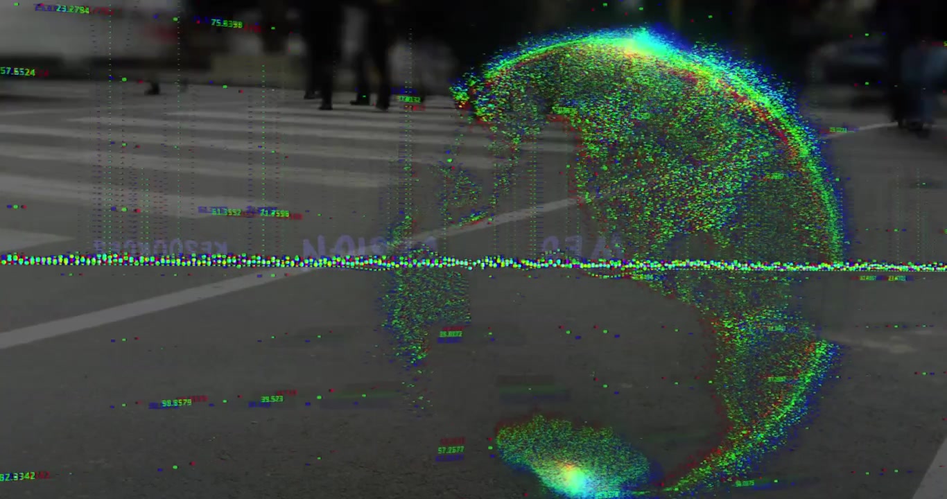 Globe and data processing over time-lapse of low section of people crossing the street