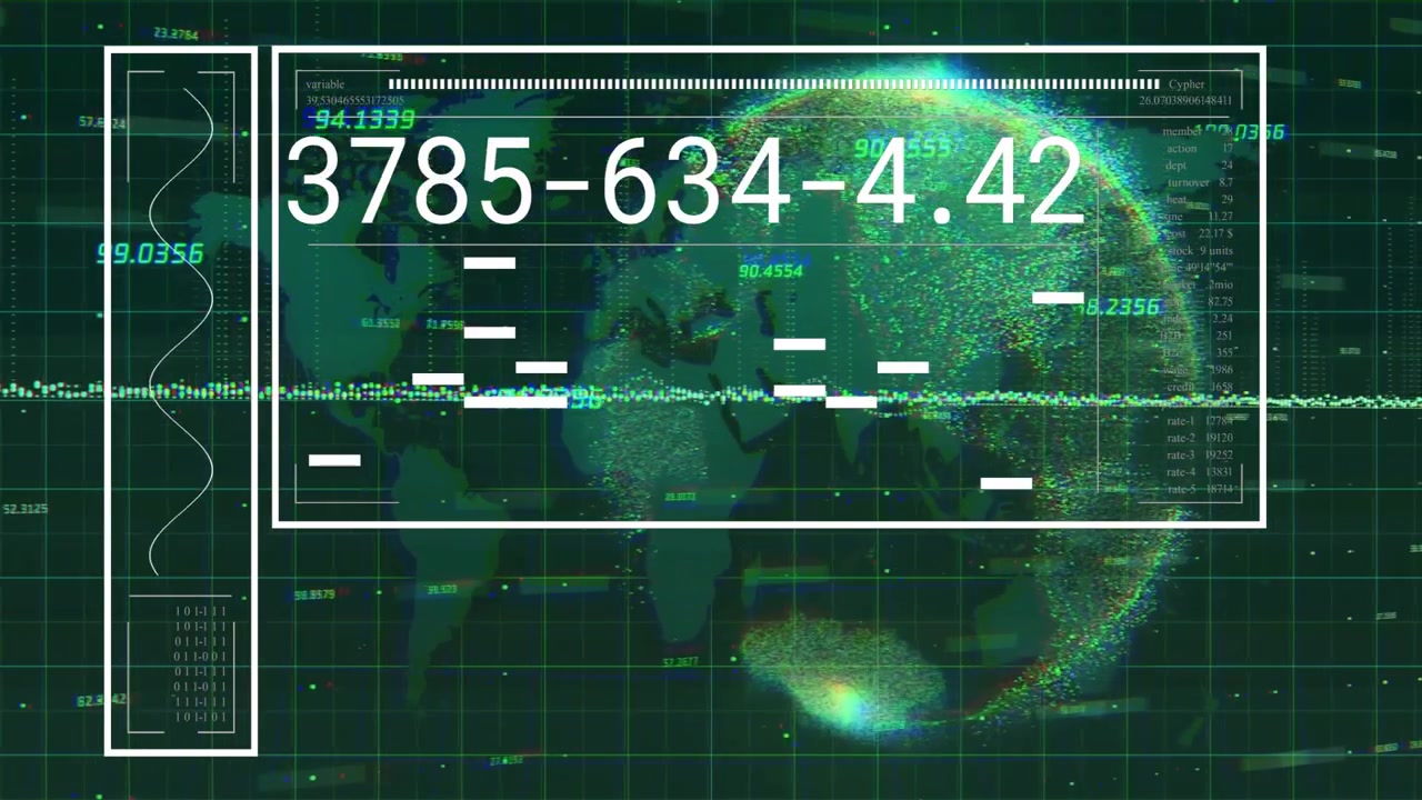 Pannello dati che si apre mostrando codici numerici che si aggiornano con glitch, un globo rotante e una forma d'onda che scansiona.