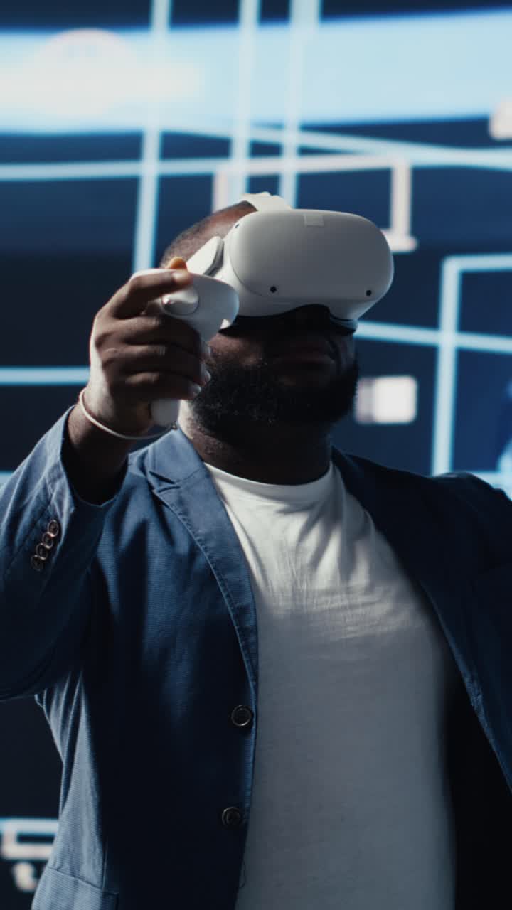African American Man Interacting with Virtual Reality in Tech Environment